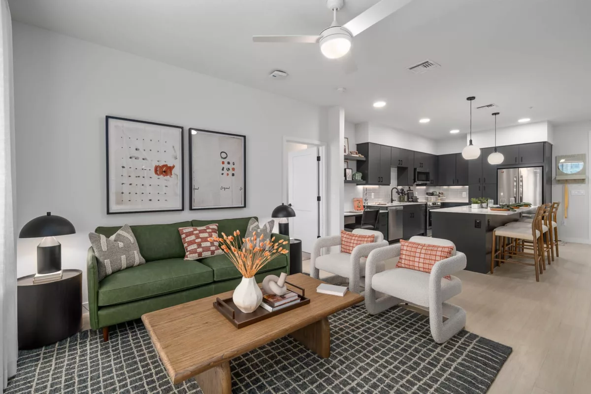 Open-concept living room and kitchen with modern furniture and black cabinetry.