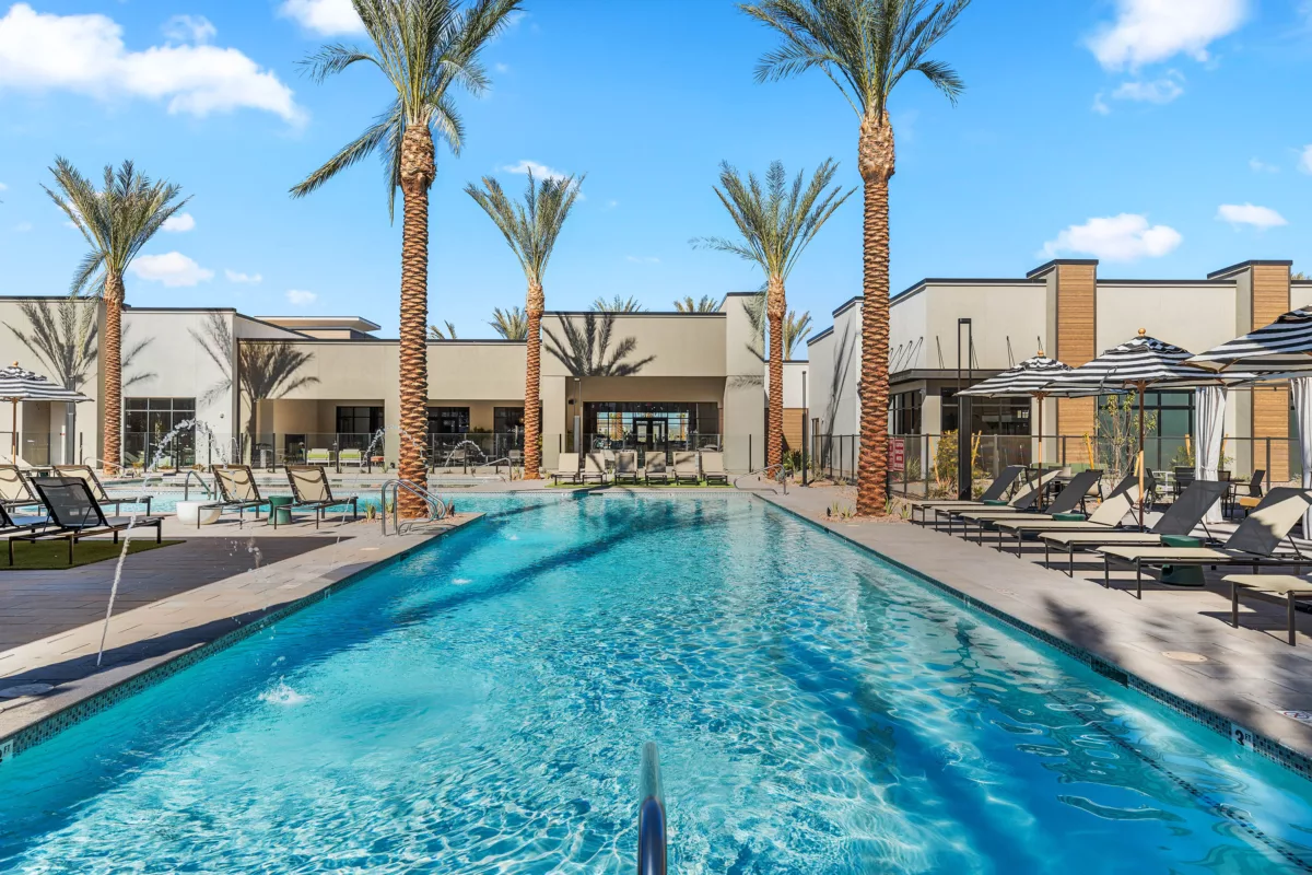 Modern outdoor pool with palm trees, lounge chairs, and umbrellas under a clear blue sky.
